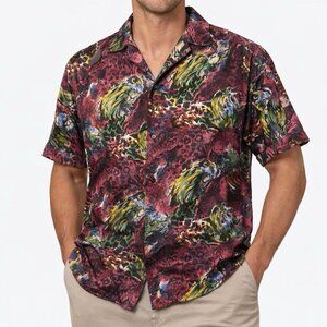 B Max 100% Silk Shirt Mens M Tropical Animal Print Button Up Lightweight Camp